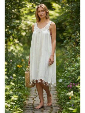 Cleopatra Frimge Midi Swim/Beach Cover White One Size Boho Vacation Resortwear